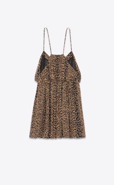 SAINT LAURENT Robes Femme robe à fines bretelles en georgette à imprimé petit léopard b_V4